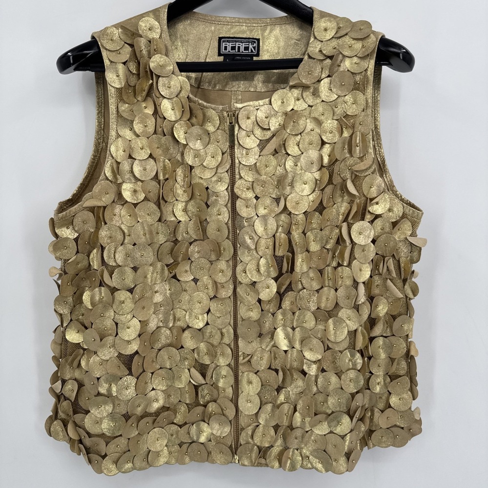 Berek Gold Studded Geometric Genuine Leather Full Zip Vest Women's L Vintage
